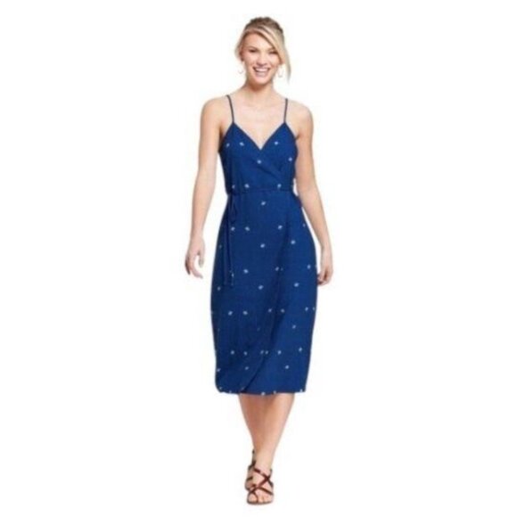 Universal Thread Floral Embroidered Linen Blend Wrap Dress Blue Size XL Summer - Picture 1 of 16